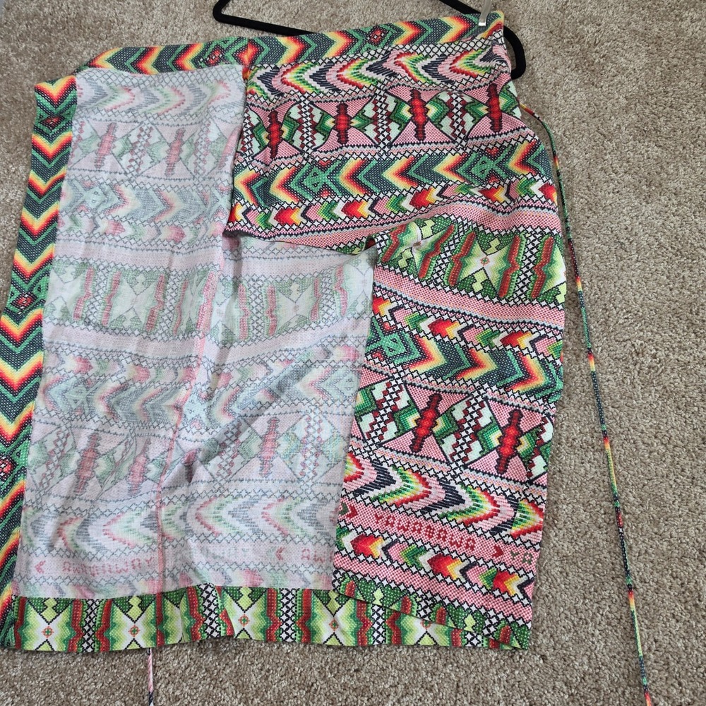 Farm Rio Wrap Skirt Geometric Tribal Print Beaded Tassel Linen Small - Picture 9 of 11